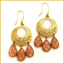 Orecchini donna vintage goccia fiore CORALLO vero oro giallo 18 kt e CORALLO naturale