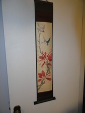 Rotolo giapponese da appendere firmato in scatola P-1004 uccellini fiori fogliame