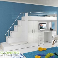 Cameretta a soppalco bambini ragazzi DIEGO Gihome ® bianca letto estraibile