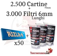 2.500 Cartine Rizla Blu 70 mm + 3.000 FILTRI lunghi X-trem 6 x 22mm