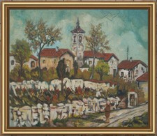 ARTE NAIF - GRAZIOSO BORGO DI MONTAGNA olio tavola ENRICO COPETTA COEN  BRESCIA