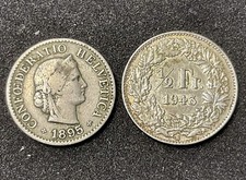 Vendo lotto (2) monete antiche Svizzera, 1895 -5 rappen e 1943 -1/2 franco