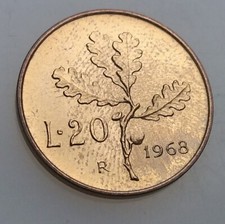 REP. ITALIANA,20 LIRE RAMO DI QUERCIA 1968 NC,BRONZITAL 3,65 GR CONS.FDC