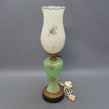 Lampada Da Tavolo Vetro Murano Bianco Verde Con Fiori Ottone Vintage 1950