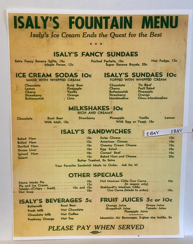 Early isaly dairy - isaly's, menu