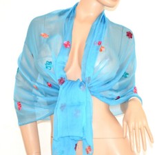 Stola donna azzurra turchese maxi foulard scialle coprispalle sciarpa fiori UF30