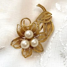 Spilla vintage perla oro fiore