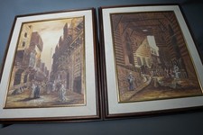 Coppia di dipinti originali scena mercato artistico orientalista - firmati dall'artista (1982)