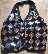 Top nero con paillettes argentate, materiale rayon / spandex, Taglia L/XL