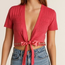 Cardigan bolero Hollister Y2K rosa grande manica corta cravatta davanti bordo perline