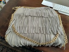 Borsa Ecopelle Frange In vera Pelle Grigio Tracolla Catene Dorate