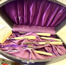 Antico set manicure edoardiana manici in osso cassa raso 1900 vanità kit