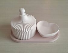 Tris Porta Gioie Con Cuore E Vassoio. Gesso Ceramico.