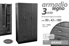 Armadio Guardaroba moderno Appendiabiti 3 ANTE 2 CASSETTI NERO WENGè 90*42*H180
