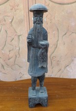 Scultura orientale h cm 48 in legno intagliato vecchio con pesce Cina Giappone