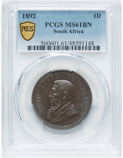 Sudafrica 1892 Penny ZAR PCGS Classificato MS61 Marrone Berlino Mint, KM2, Hern-Z1.
