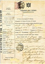 ANTICO PASSAPORTO REGNO D'ITALIA CATANIA 1868 +RICEVUTA  AVVENUTO TRANSITO ORTE
