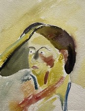 Espressionista Naif Donna Ritratto #2 Anonimo Arte Del Medio Secolo Acquerello