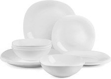 Vetro Opalino Servizio da Piatti Set 12 Pezzi, Quadrati Bianco Servizio da Tavol