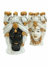 Coppia teste di moro re e regina ambra in ceramica di Caltagirone 20 cm