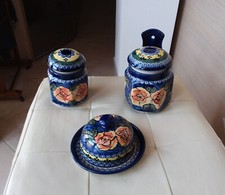 Ceramica polacca fatta a mano, burriera, zuccheriera, saliera, Boleslawiec.