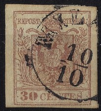 1850 ASI Lombardo Veneto 30 cent bruno I tipo Sassone 21 usato