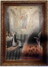 GRANDE DIPINTO OLIO Madonna Gesù BAMBINO MESSA PER LE ANIME del PURGATORIO '800