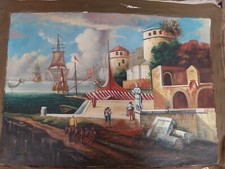 Quadro PAESAGGIO MARINO PORTO Dipinto A Mano Olio Su Tela di lino 50x70 cm..