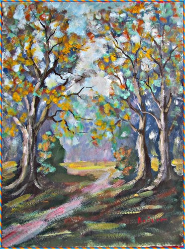 Quadro olio paesaggio boschivo