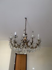 Lampadario In Ottone Con Gocce Di Cristallo E Vetro Veneziano
