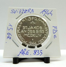 RARA MONETA ARGENTO DA 5 FRANCHI SVIZZERA 1944 PESO 15 GR. FDC