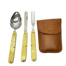 Set posate da campeggio vintage Rostfrei Pfeilring Solingen cucchiaio, forchetta, coltello con custodia