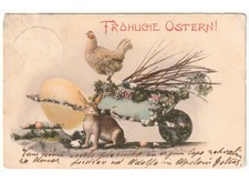 Primi '900 carriola decorata uova gallina coniglio cartolina Pasqua Ostern