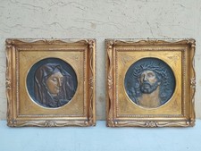 ANTICA COPPIA RITRATTI BASSORILIEVO ICONE DI BRONZO GESÙ MADONNA CORNICI DORATE