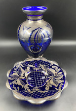 Centrotavola piatto stoviglie con vaso Murano vetro colore zaffiro argento