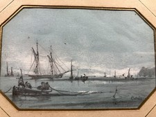 Composizione Misto Paesaggio Marino Barche Pittore Ufficiale La Marina? Firmato