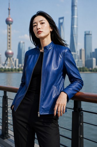 Giacca donna pelle blu collo