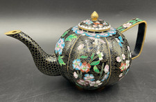 Teiera Cinese orientale Cloisonnè Closonnè sfondo nero decoro fiori