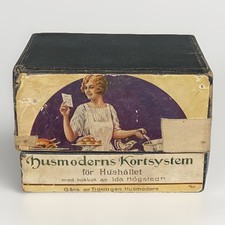 Antica scatola di ricette svedese anni '20 e sistema di carte per la casalinga di Ida Högstedt