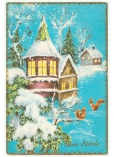 1974 paesaggio invernale case innevate scoiattoli cartolina Buon Natale vintage