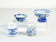 ⚜️ SET 4 CIOTOLE VASI PORCELLANA DIPINTA BLU BIANCO CELADON CERAMICA CINA EPOCA