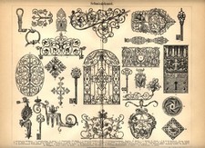 1893 Stampa Antica = CHIAVI E SERRATURE ANTICHE = Old Print