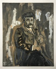 Quadro antico firmato G.Prieur 1975, Ritratto di uomo, guazzo su cartone,...