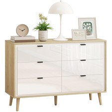 HOMCOM Cassettiera 6 Cassetti in Legno 110x40x75 cm Bianco Lucido e Rovere