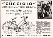 PUBBLICITA' 1946 CUCCIOLO MOTO BICICLETTA CARATTERISTICHE SIATA TORINO