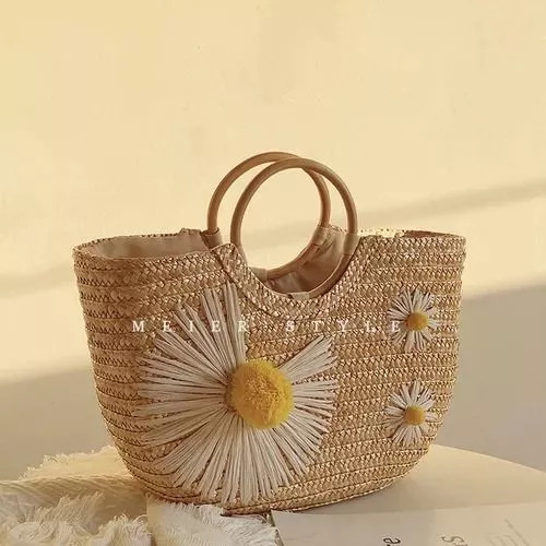 Borsa paglia intrecciata - intrecciata, fiori