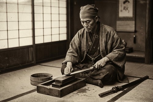 Samurai warrior sharpening his - samurai,
