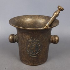 Mortaio Con Pestello Ottone Brunito Stemmi Araldici Esposizione Vintage XX Sec.