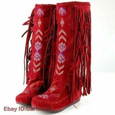 Mocassini indiani ricamati impreziositi stivali al ginocchio scarpe donna nappe