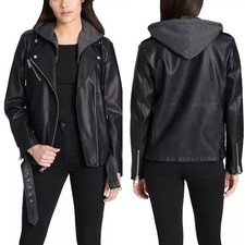 Levi Strauss & Co. Giacca Moto Nera Ecopelle Grigio Felpa con Cappuccio Donna Medium NUOVO